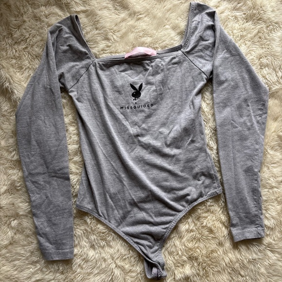Missguided Tops - PLAYBOY Gray and Black Bodysuit